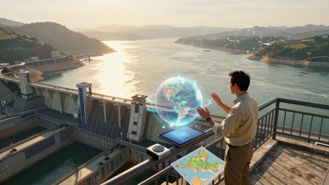 Man interacting with a digital globe and map on a balcony overlooking a large dam and river at sunset.