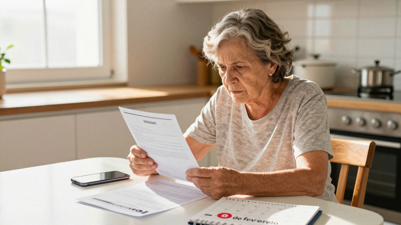Elderly woman sitting at a kitchen table reading a document with a smartphone and calendar nearby.
