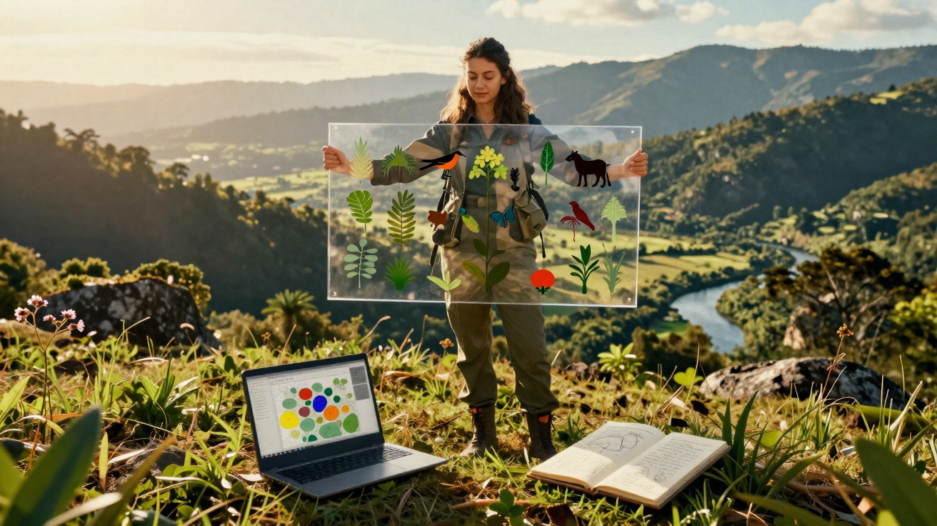 Woman holding transparent board with plant and animal illustrations in a mountainous landscape with laptop and book on grass.