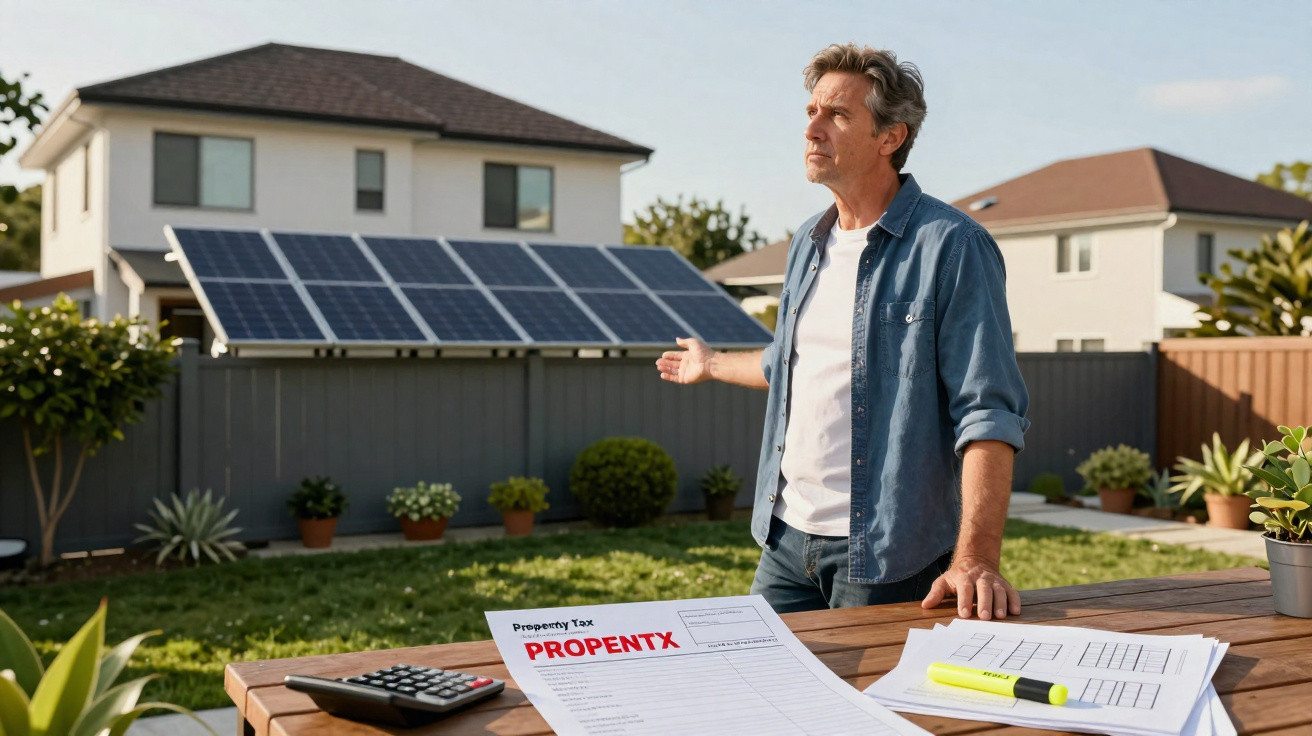 Man standing in garden next to property tax forms with solar panels on house roof in background.