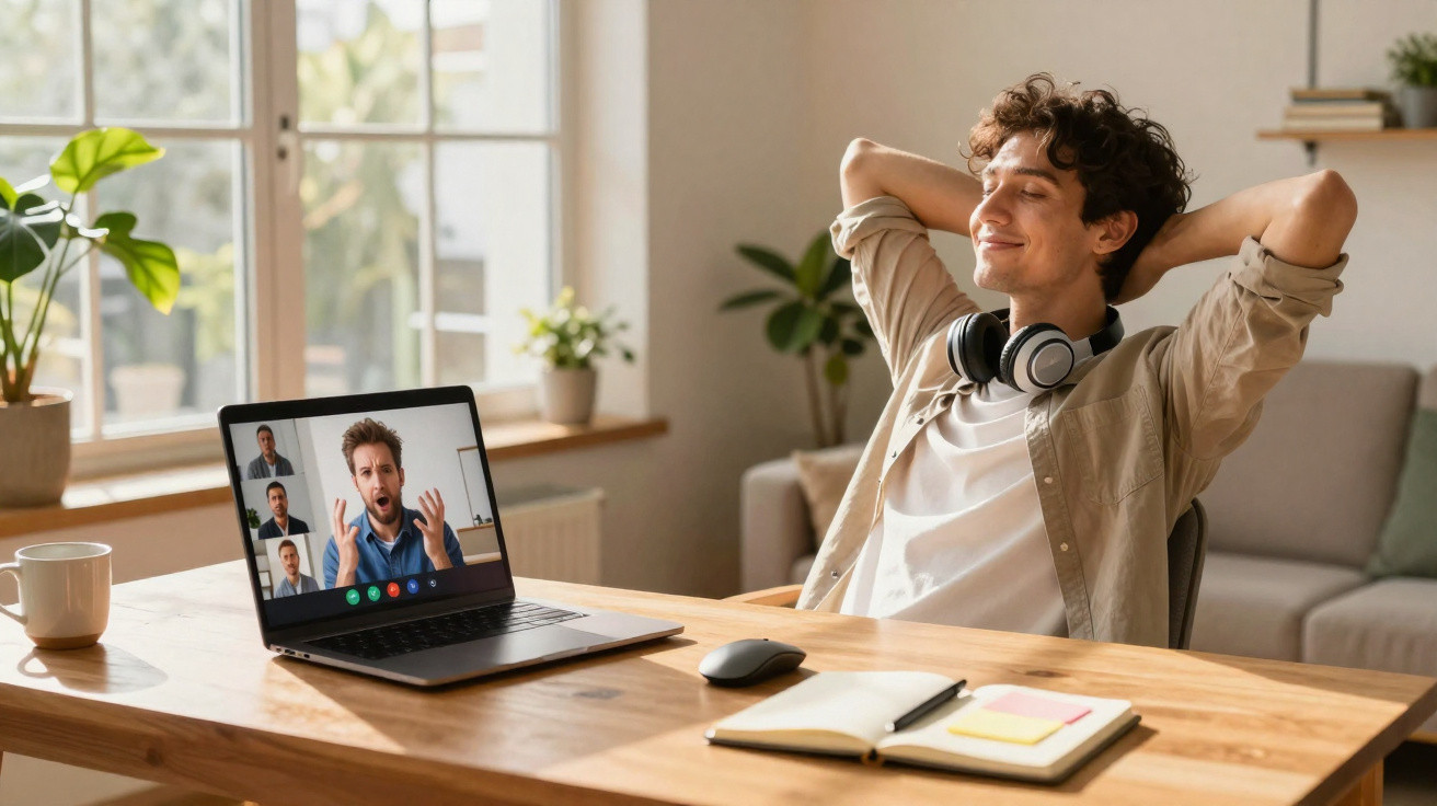 Young man wearing headphones relaxing at desk after video call on laptop in a bright, cosy room.