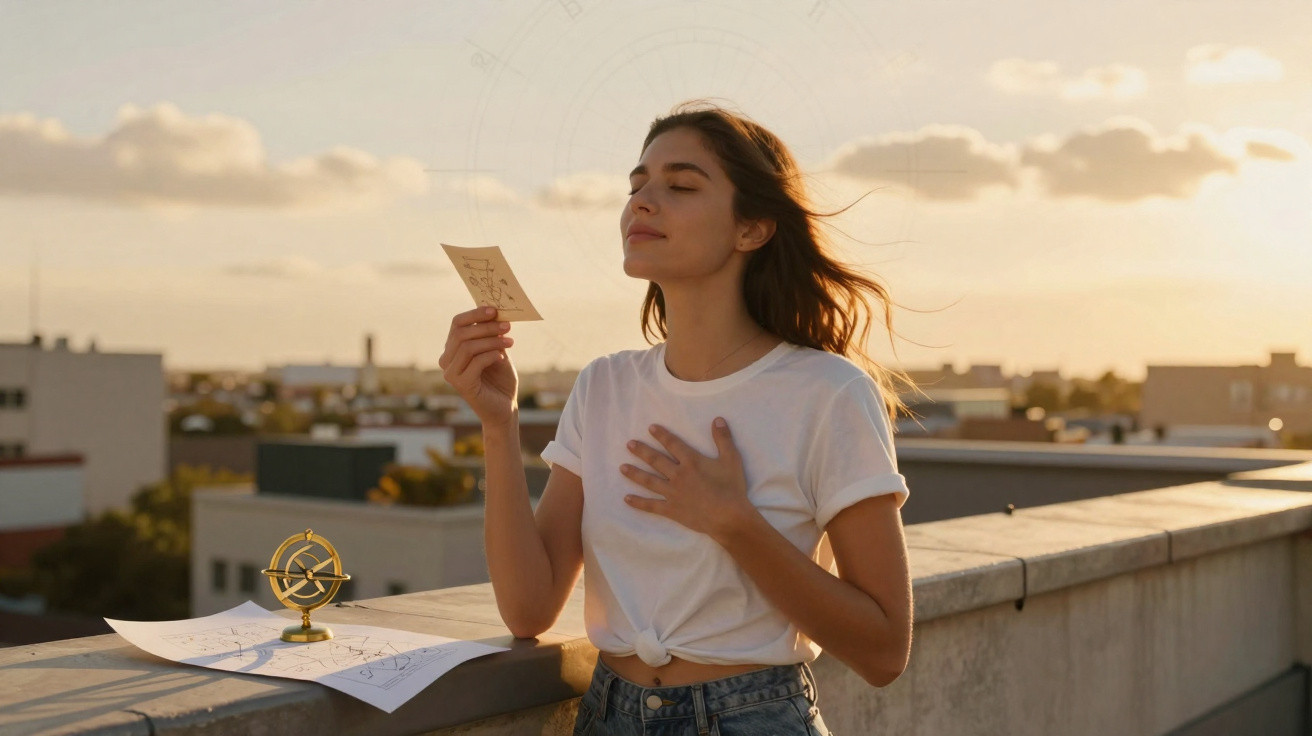 Young woman in white t-shirt holds a note to her chest on a rooftop at sunset with a map and compass nearby.