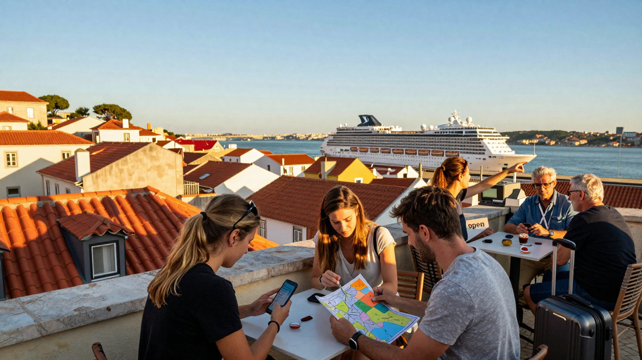 Group of six tourists sitting at tables on a terrace overlooking a cruise ship near red-roofed buildings.