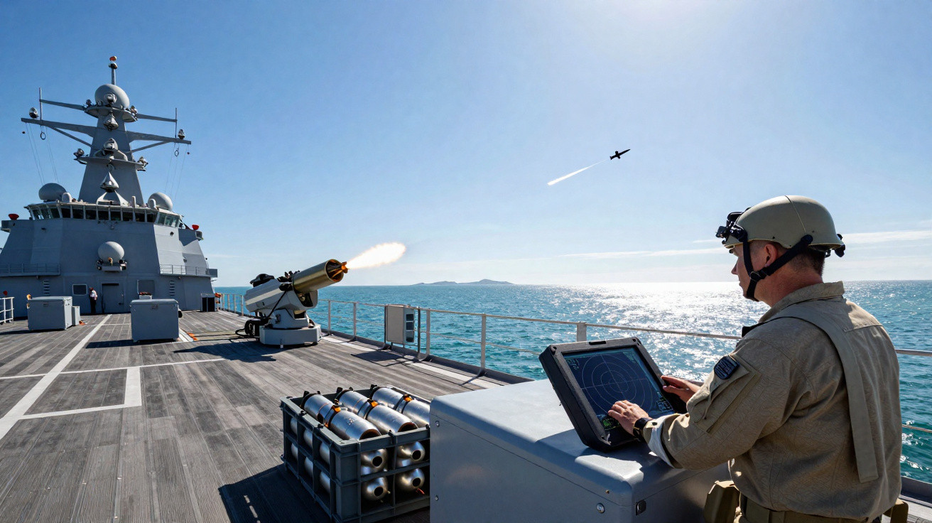 Sailor operating a control panel on a warship as a missile is launched over the sea on a clear day.