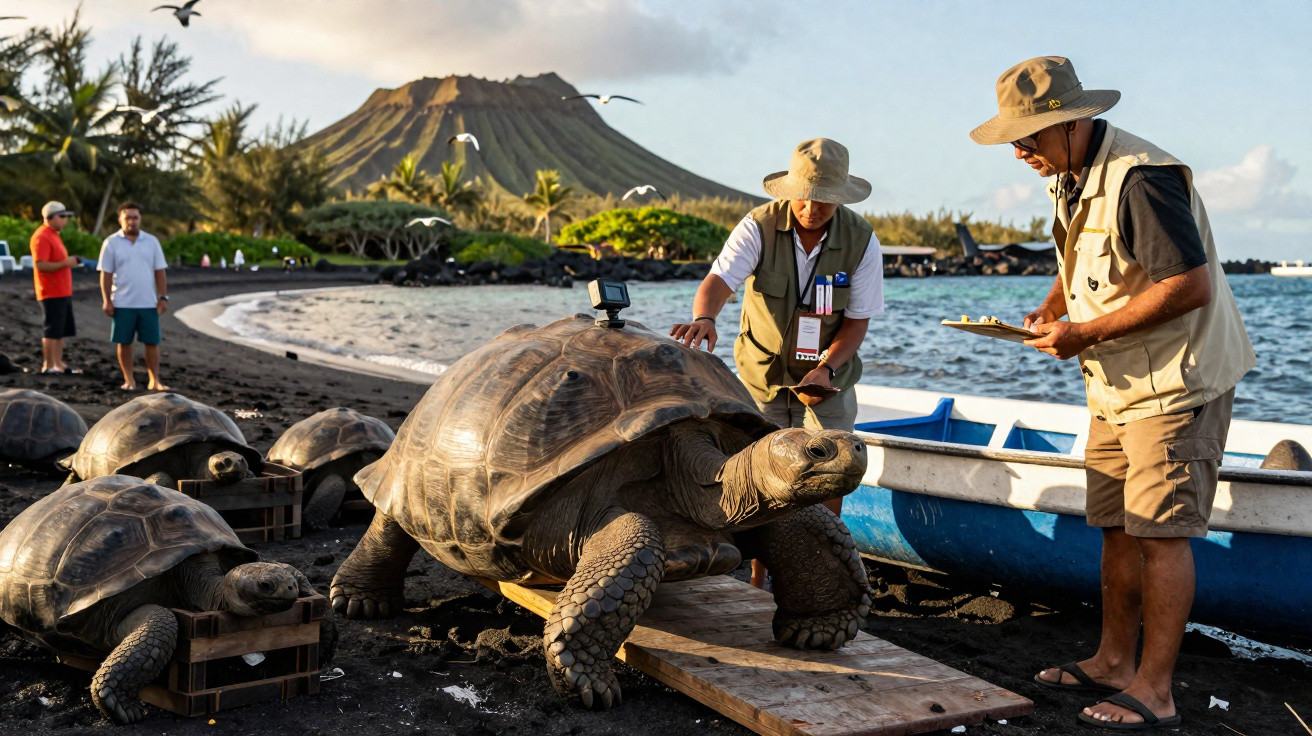 Researchers monitoring giant tortoises near a volcanic island shoreline with a boat and people in the background.