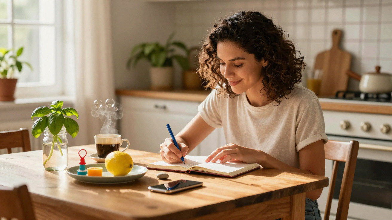 Woman with curly hair writing in a notebook at a wooden kitchen table with a steaming cup of coffee and lemon.
