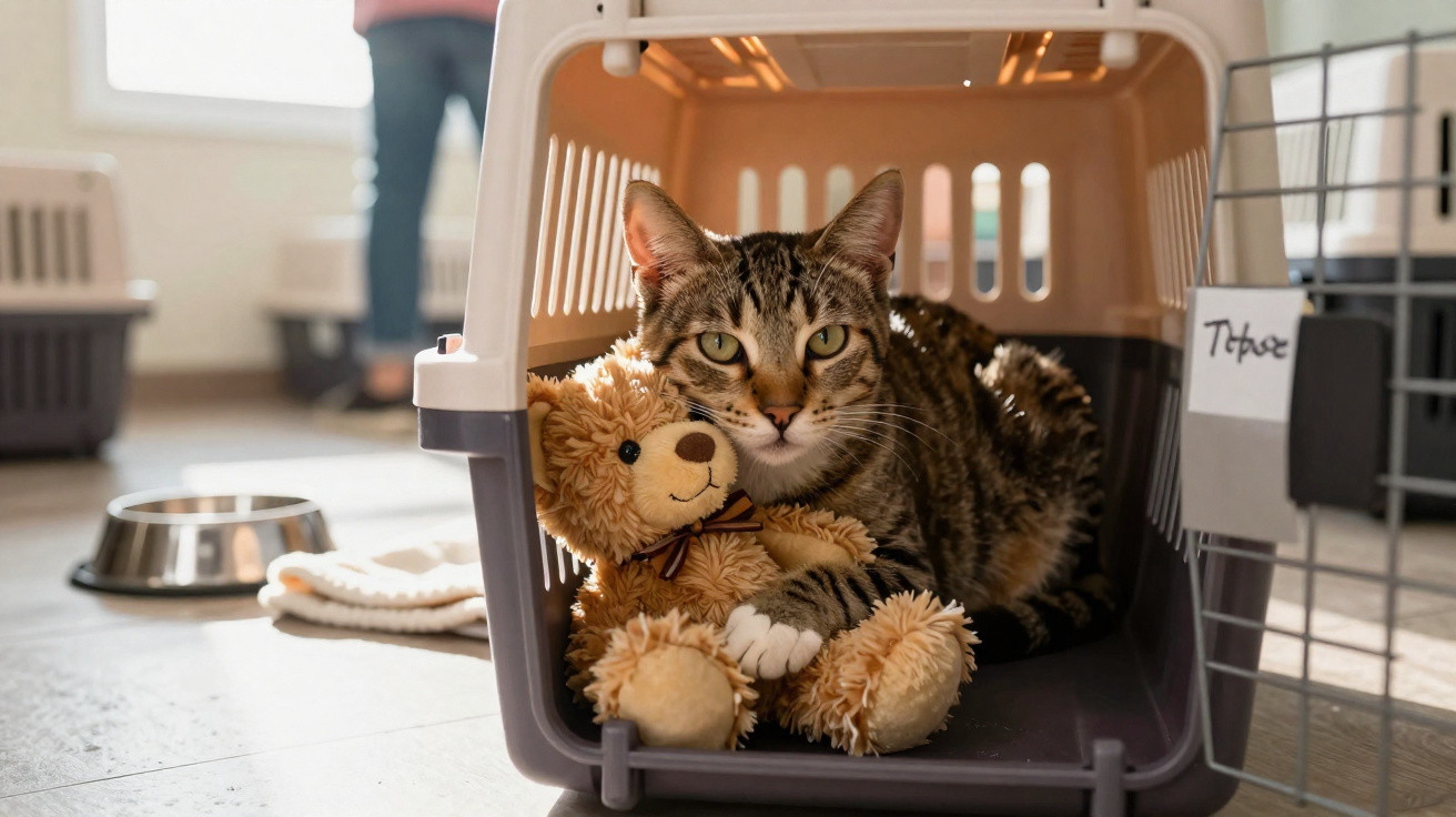 Tabby cat cuddling a teddy bear inside a pet carrier with a person in the background.