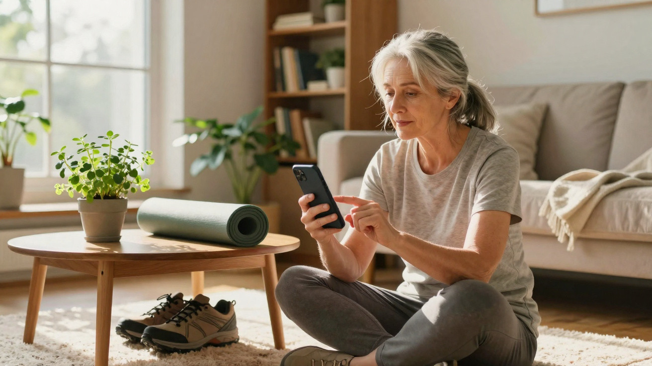 Mature woman in casual wear sitting on floor, using smartphone in a sunlit living room with yoga mat and shoes.