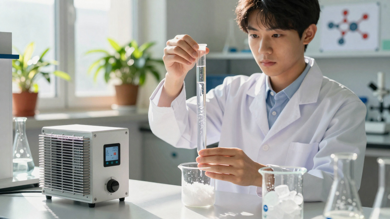 Scientist in a lab coat examining a graduated cylinder filled with liquid in a bright laboratory setting.