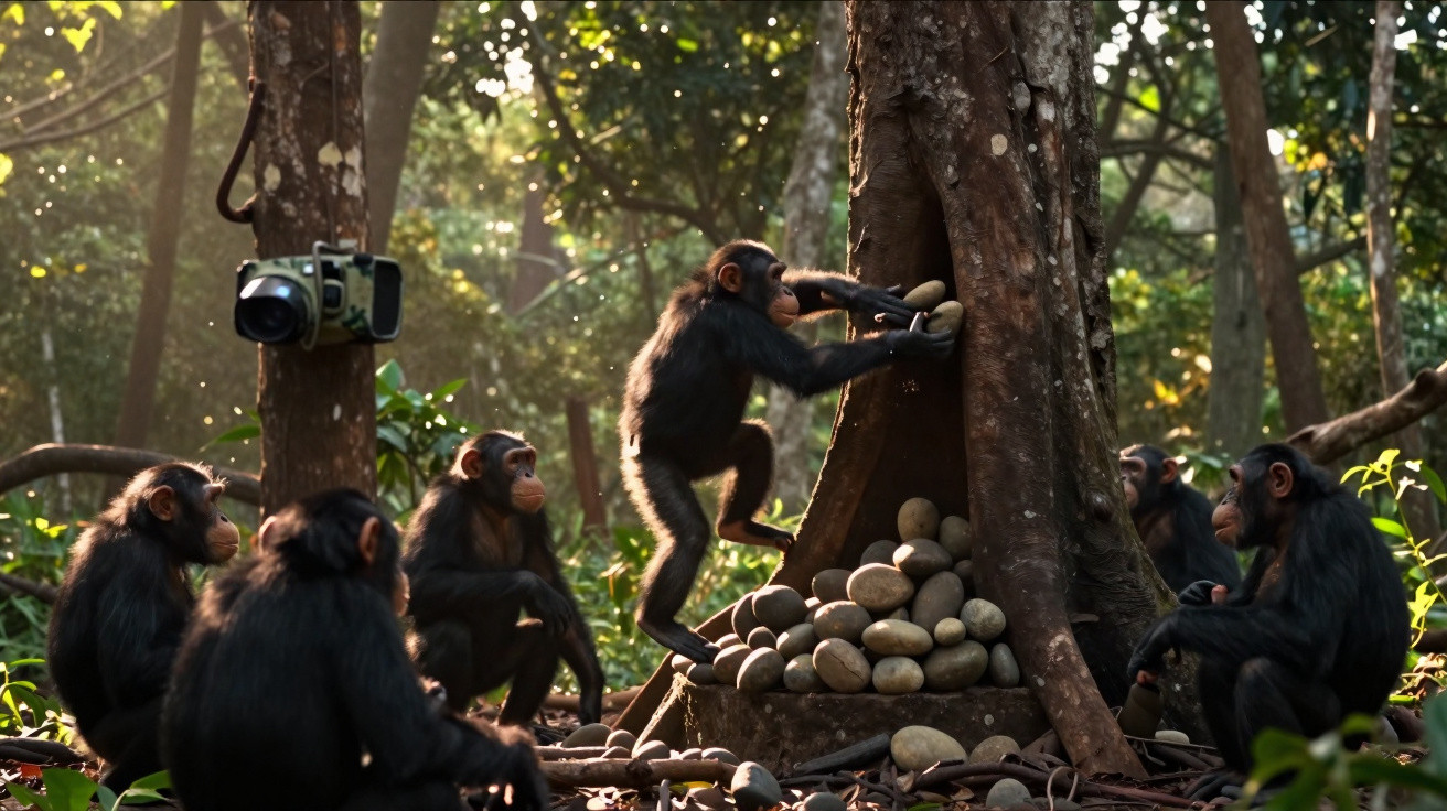 Group of chimpanzees around a tree in a forest using stones to crack nuts beside a camera trap.