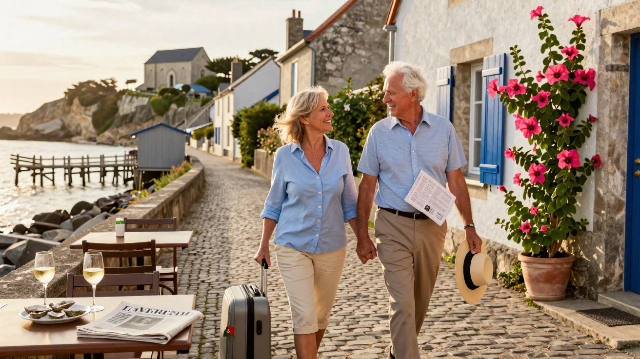 Elderly couple walking hand in hand on a cobblestone street by the sea, carrying luggage and smiling.