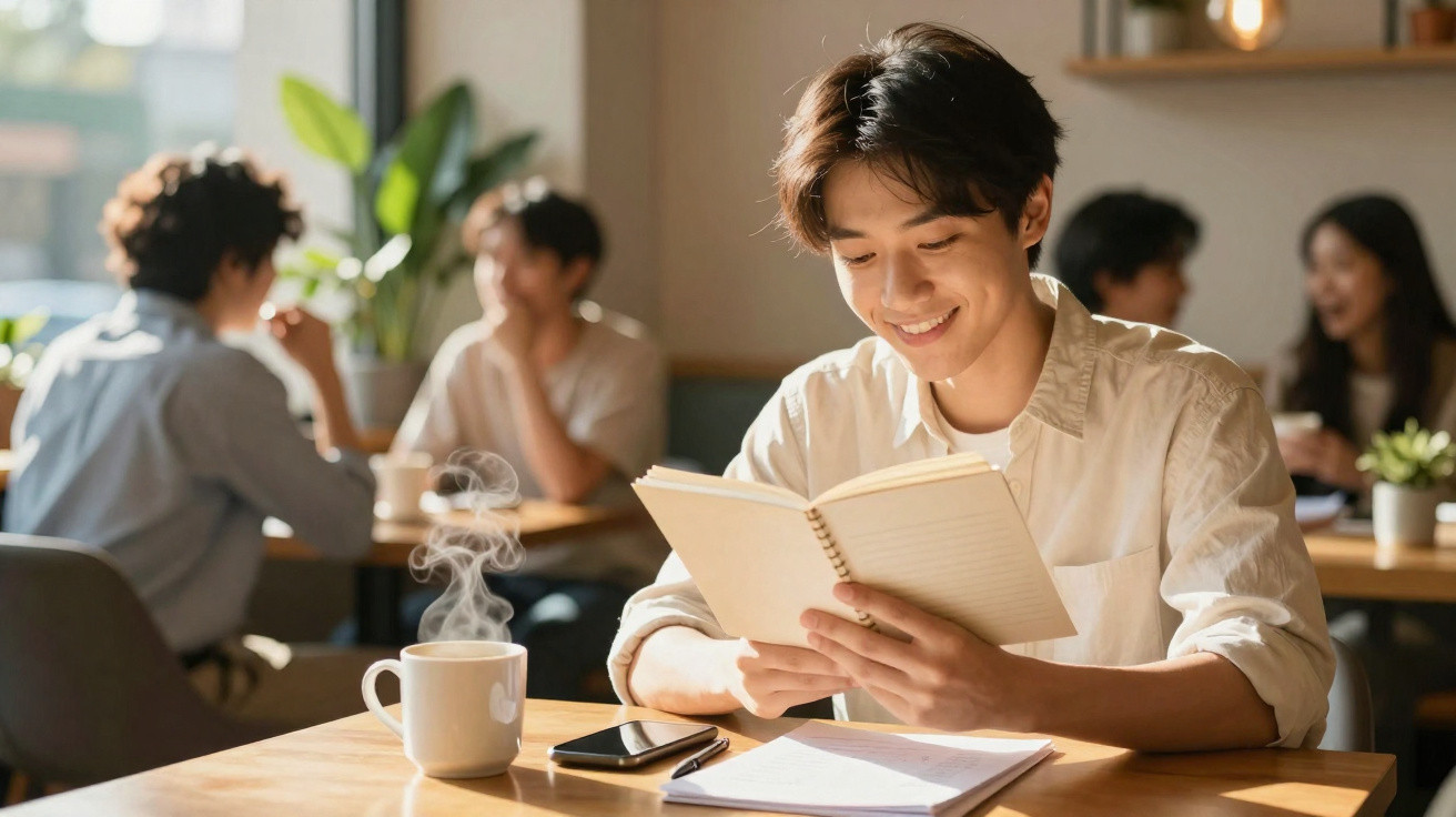Young man smiling while reading a book at a café table with a steaming mug, phone, and notebook nearby.