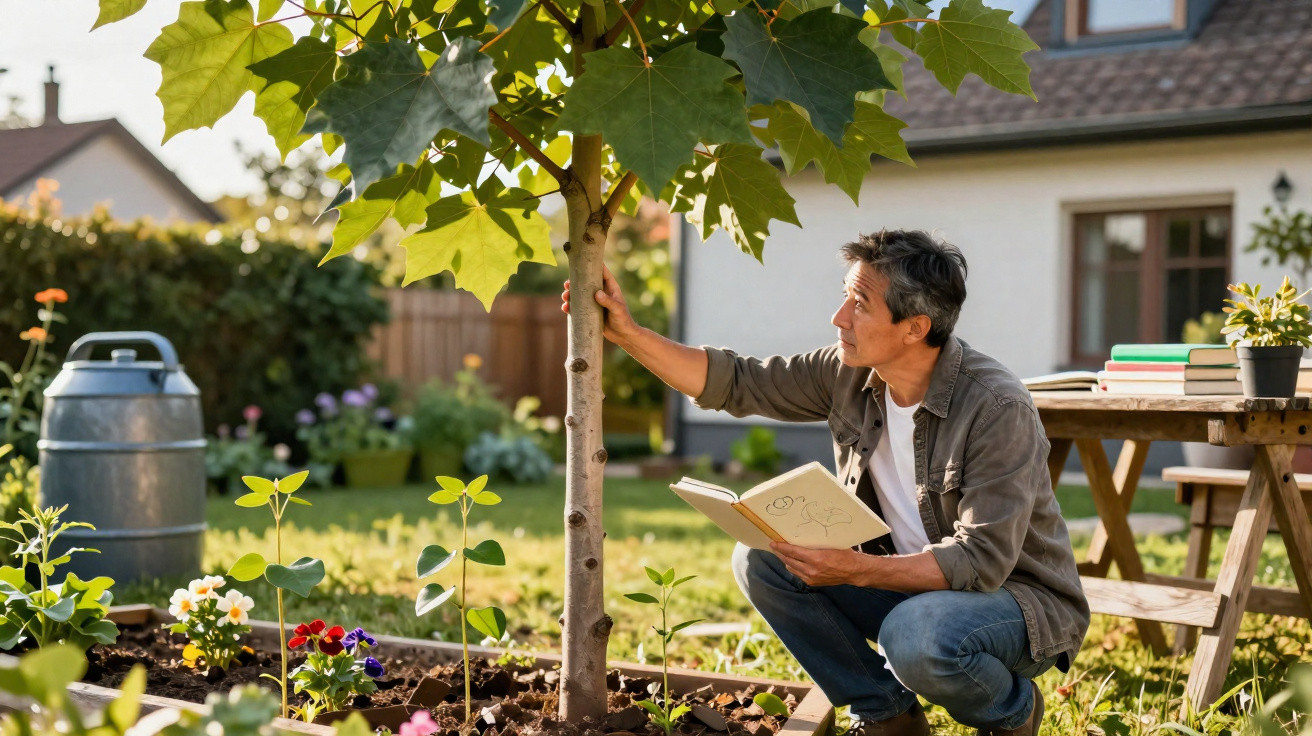 Man reading a book while examining a small tree in a sunny garden with flowers and a picnic table nearby.