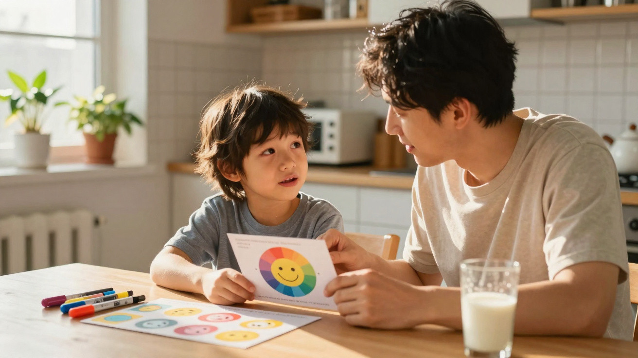 Father and son sitting at a table, discussing a colourful emotion chart in a bright kitchen.