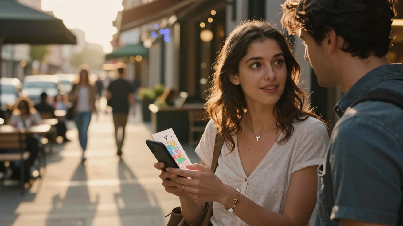 Young woman holding a phone and ticket, talking to a young man on a sunlit city street.