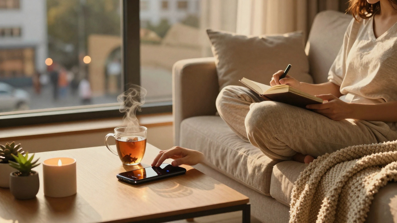 Person writing in a notebook on a sofa with a steaming cup of tea, candle, and phone on the table nearby.