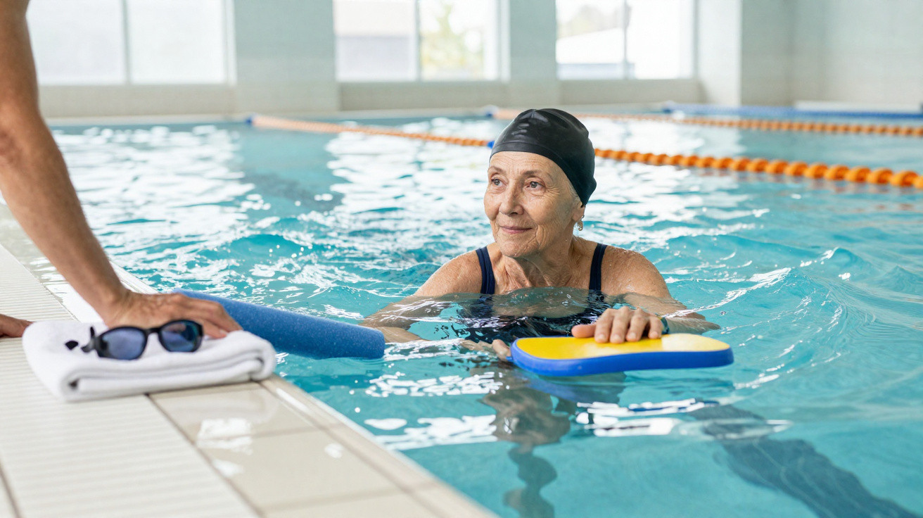 Elderly woman in swim cap holding a kickboard in indoor pool, interacting with person at pool edge.