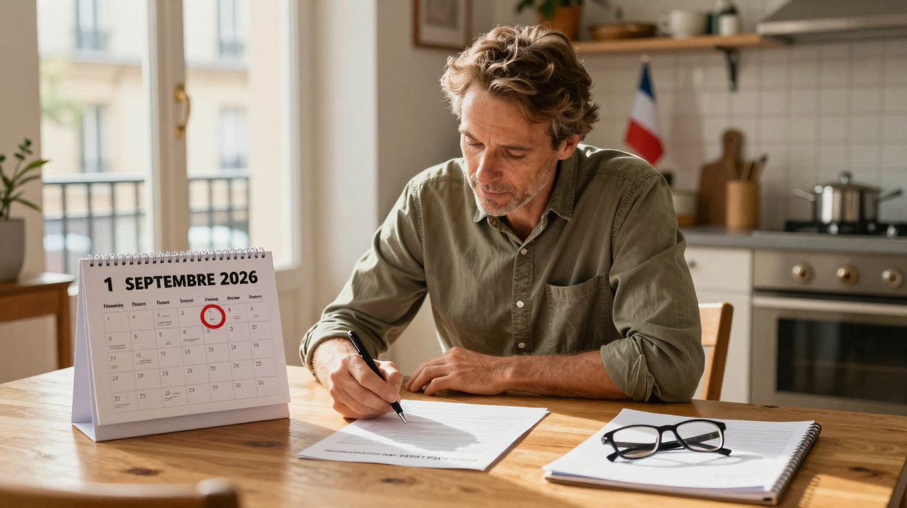 Man writing on paper at a wooden table with a calendar showing 1 September 2026 in a bright kitchen.