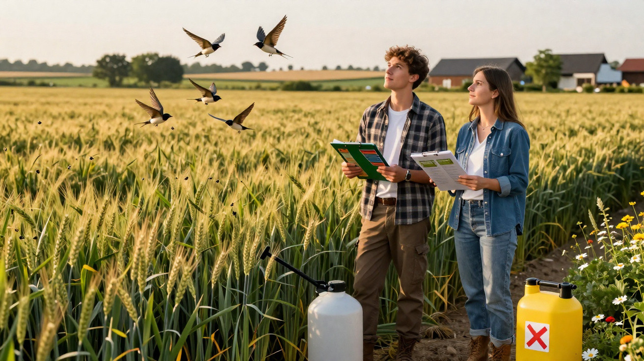 Two young farmers holding notebooks in a wheat field with flying birds and pesticide containers nearby.