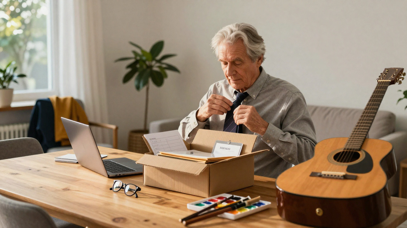 Older man packing office items into a cardboard box at a wooden table with a guitar and laptop nearby.