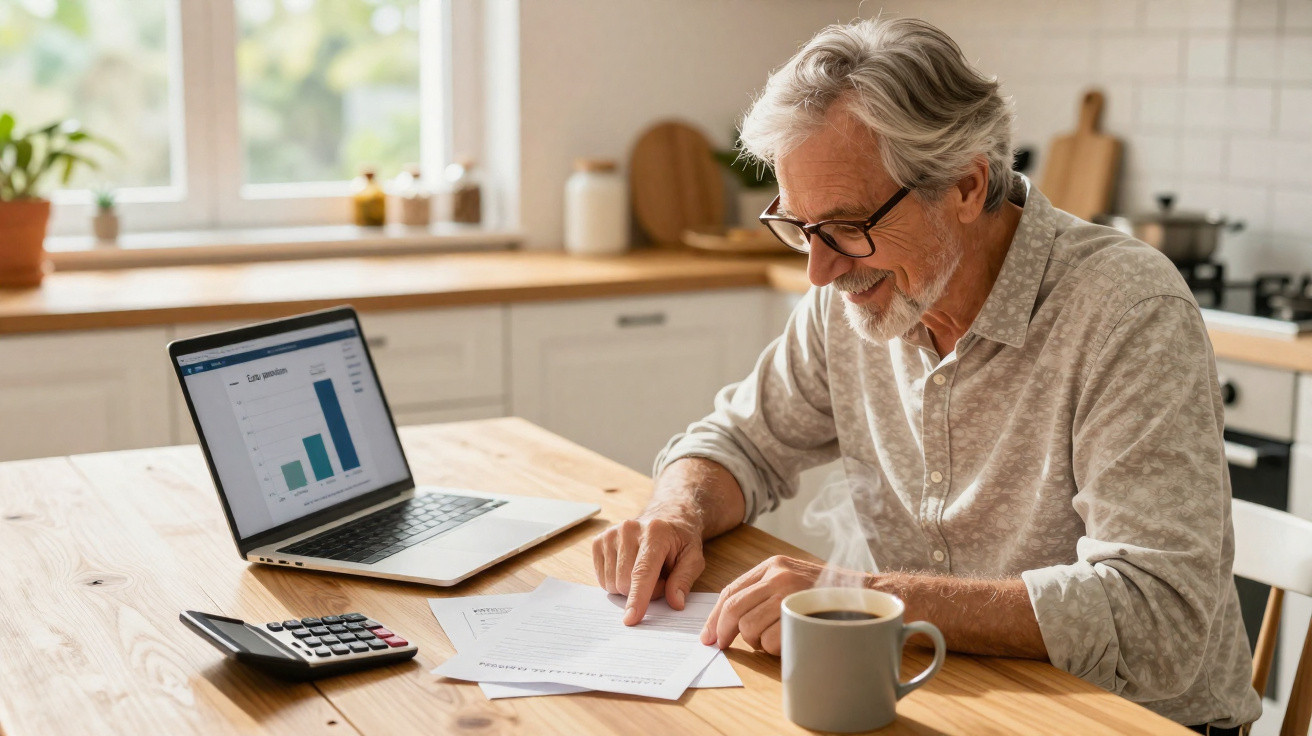 Older man smiling and reviewing documents at a kitchen table with a laptop, calculator, and steaming coffee mug.