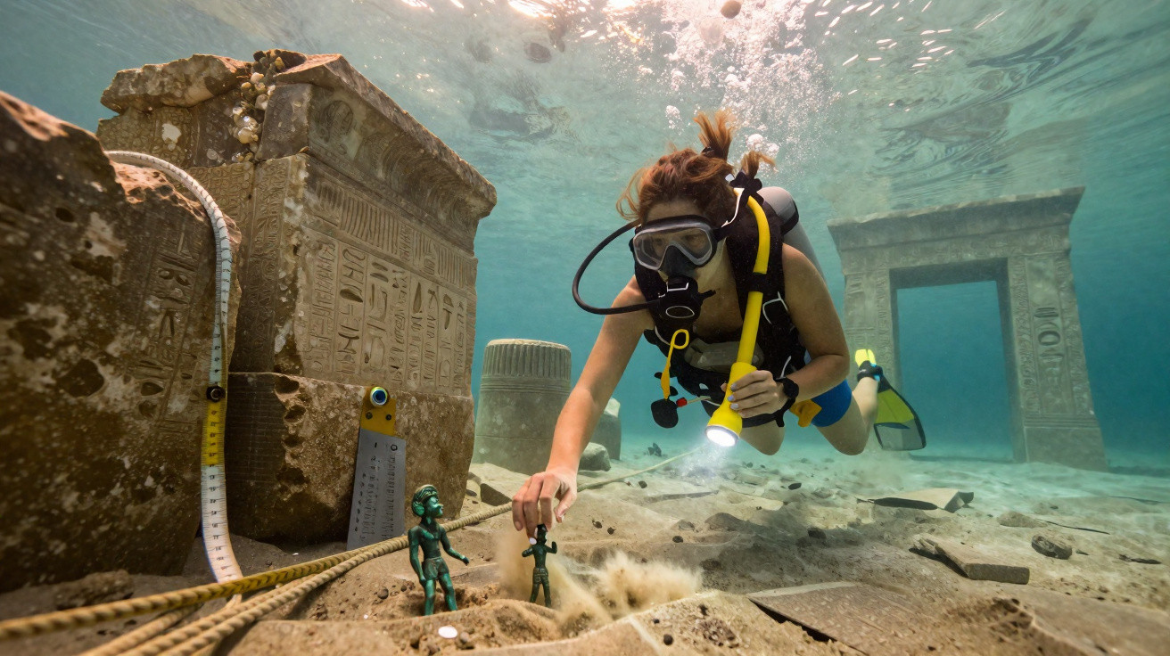 Diver exploring underwater ancient ruins with hieroglyphs and small statues in clear blue water.