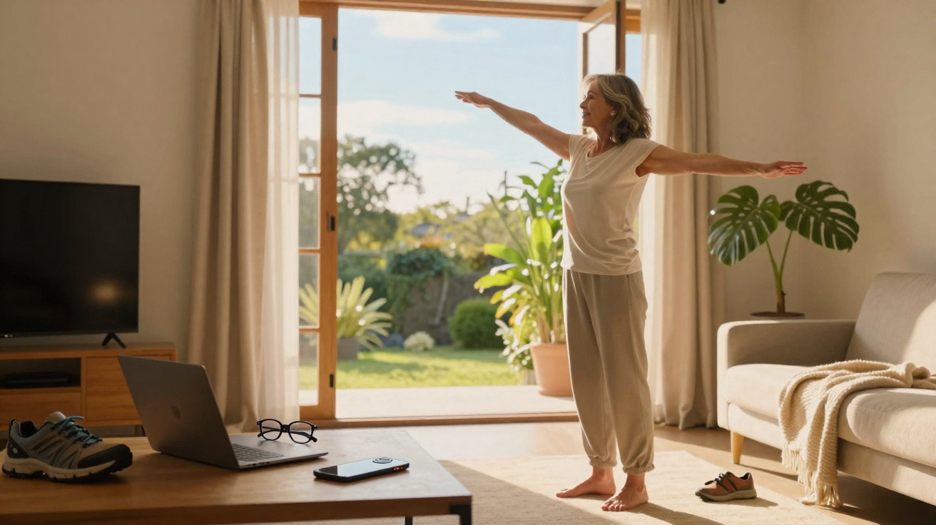 Mature woman stretching with arms outstretched in a sunlit living room facing open patio doors.