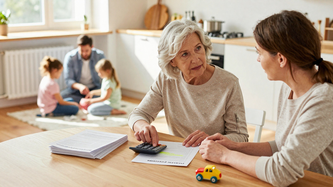 Older woman using a calculator and discussing documents with a younger woman in a kitchen, family playing in background.
