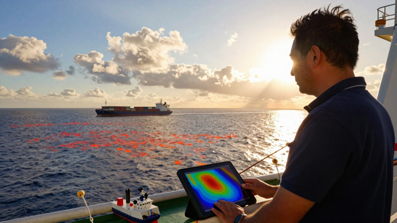 Man on ship using tablet with heat map display, ocean and cargo ship in background at sunset