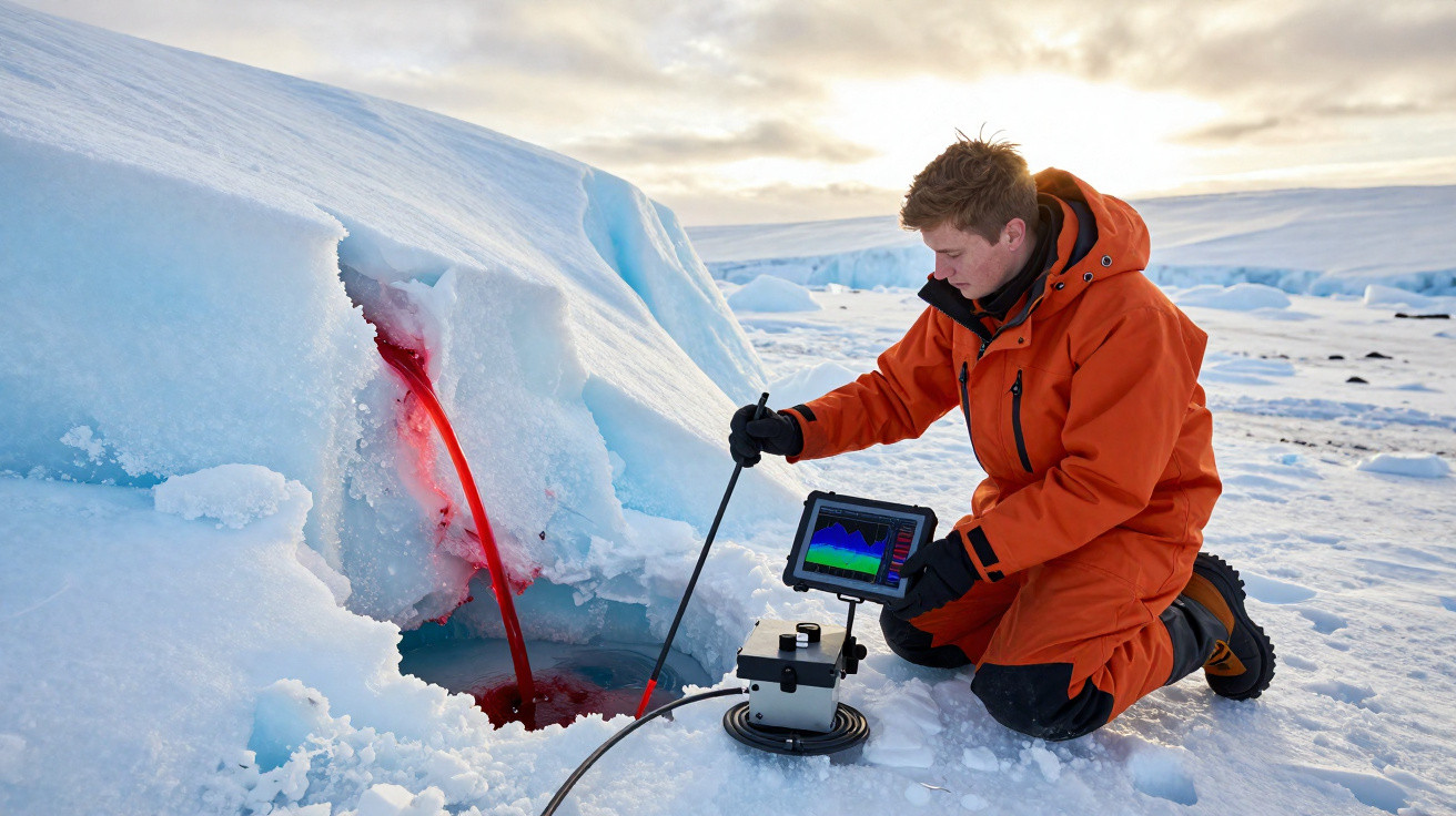 Scientist in orange suit collecting red liquid from an ice hole using scientific equipment in a snowy landscape.