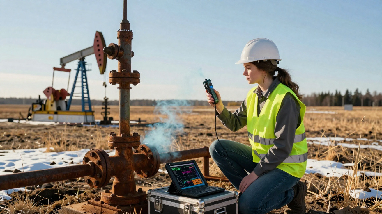 Woman in safety gear measuring gas emissions at an oil rig site with electronic monitoring equipment