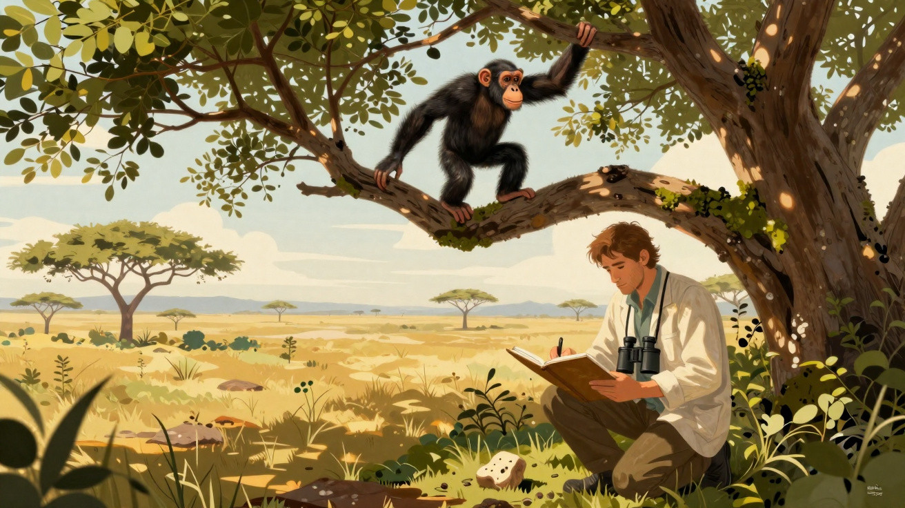 Scientist sketching notes under a tree while a chimpanzee watches from a branch in a savannah landscape.