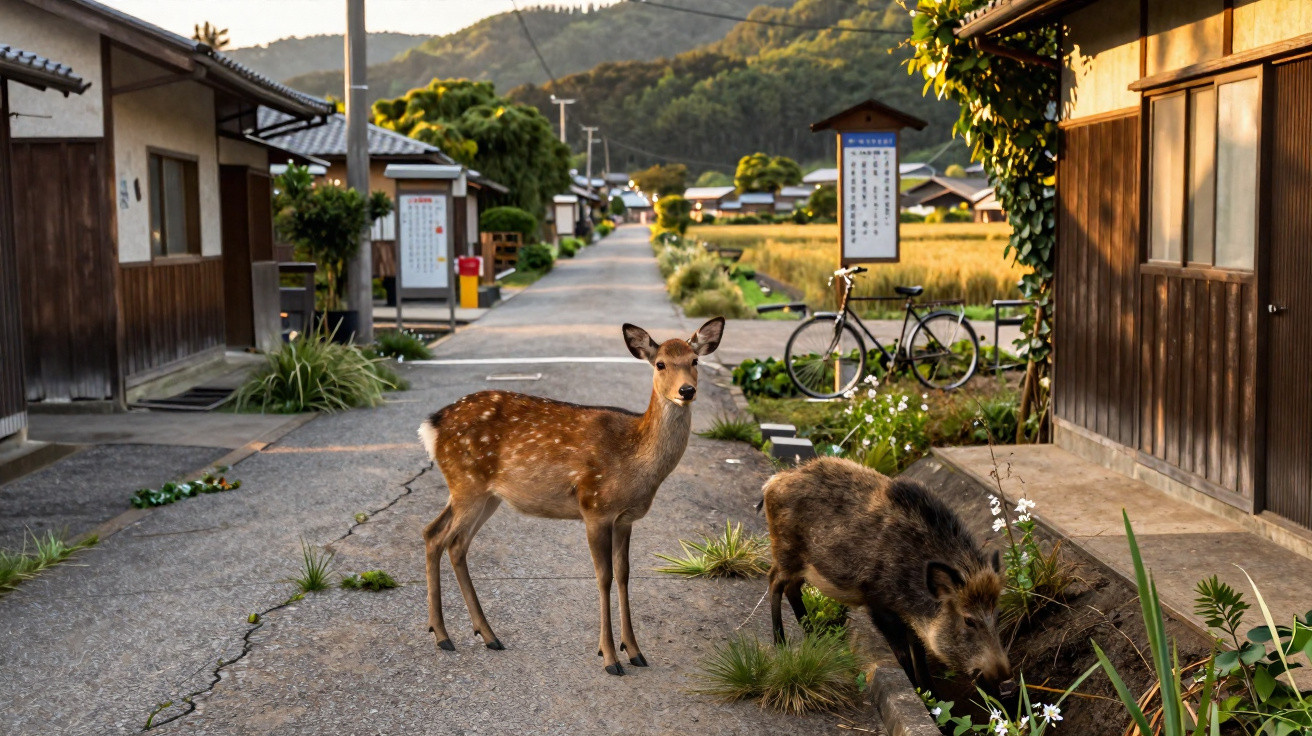 A deer and a wild boar standing on a village street with traditional wooden houses and bicycles in the background.
