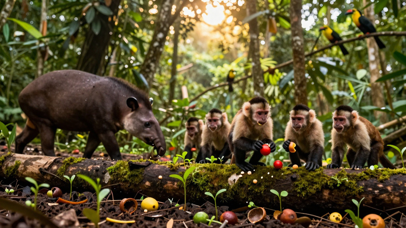 A group of capuchin monkeys and a tapir exploring a mossy log in a dense forest with toucans perched above.