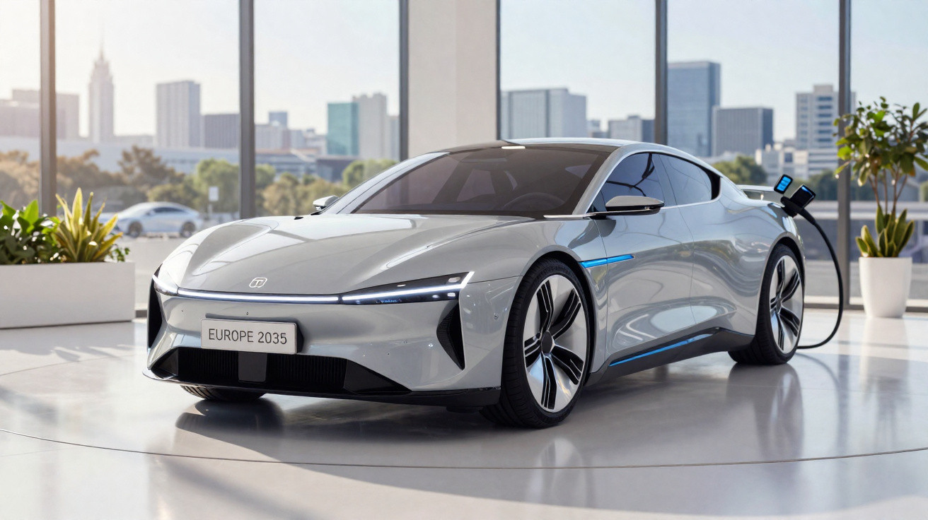 Sleek silver electric sports car charging inside a modern showroom with city skyline views in the background.