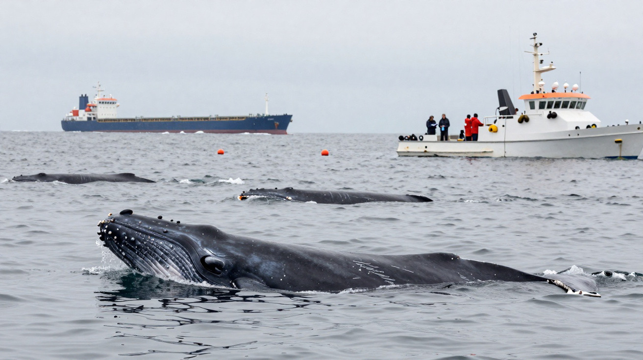 Humpback whales swimming near a research boat with people onboard and a large cargo ship in the distance.