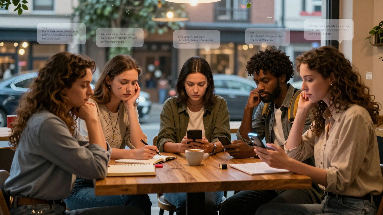 Five young adults sitting around a wooden table in a cafe, focused on their phones and notebooks.