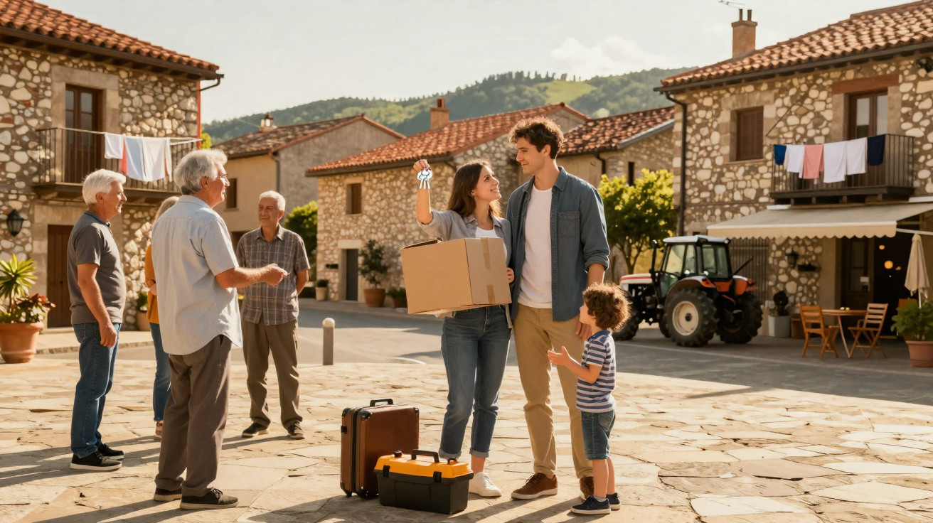 Young couple with child holding keys and box, greeting elderly neighbours in rustic village square.