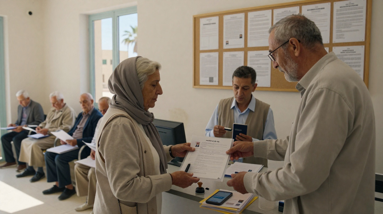 Elderly people in a waiting room registering documents at a counter in a bright office.