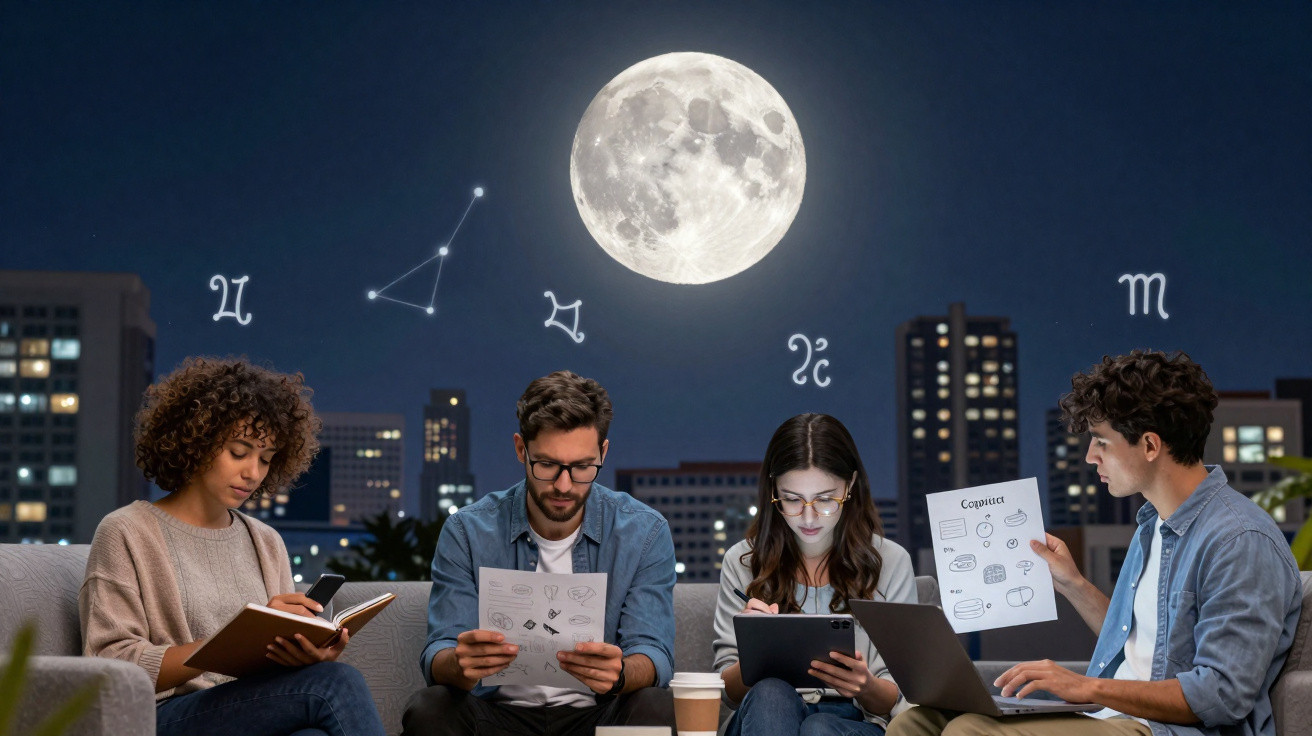 Four young adults studying astrology under a full moon with zodiac symbols and city buildings in the background.