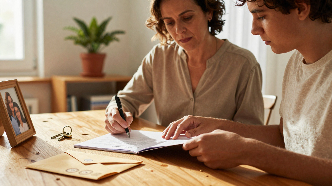 Woman signing a document while a young man points to the page at a wooden table with envelopes and keys.