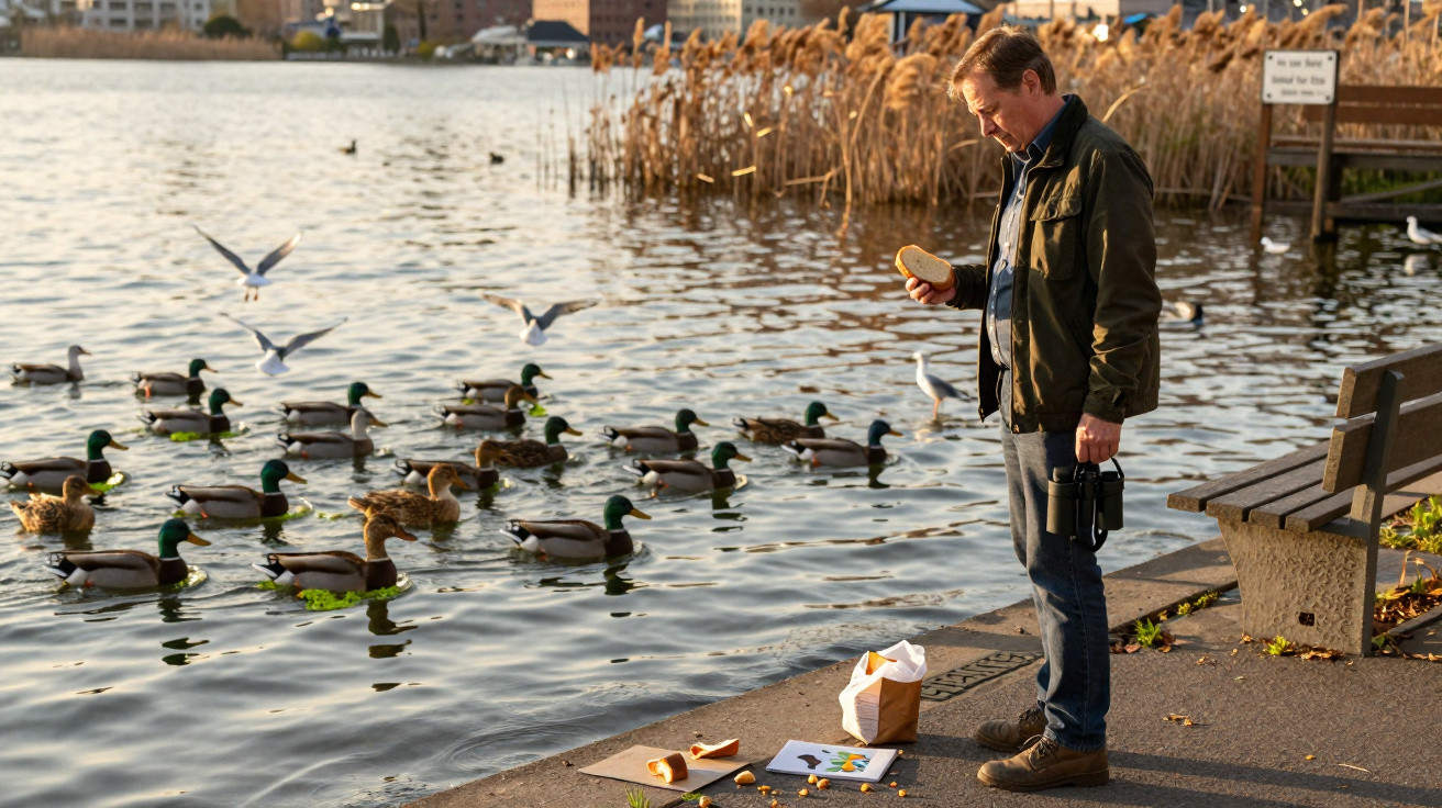 Man feeding ducks on a lakeside path with bread and binoculars during sunset.