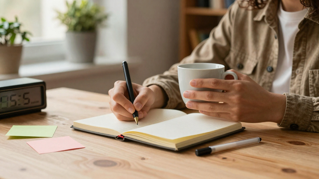 Person holding a pen and a cup, writing in an open notebook on a wooden table with sticky notes and a clock nearby.
