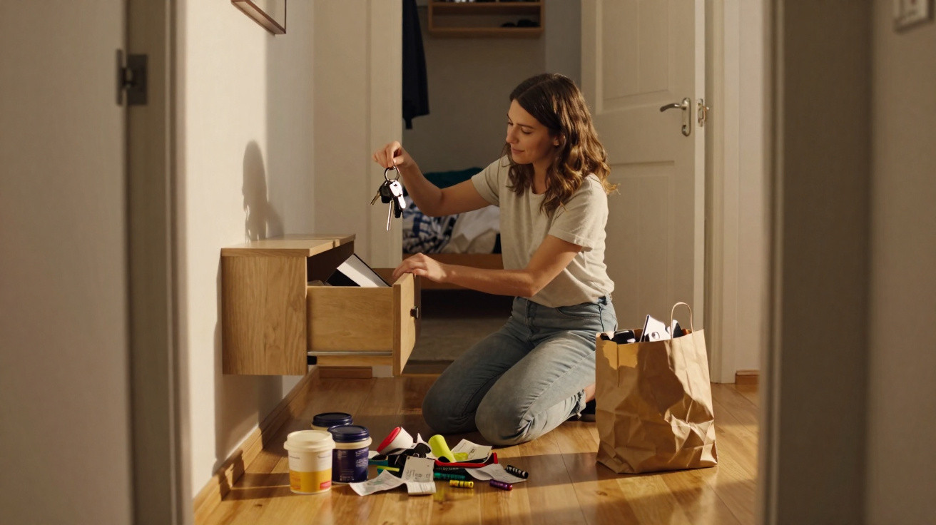Woman kneeling on wooden floor organising items from a paper bag into a wall-mounted drawer in a hallway.