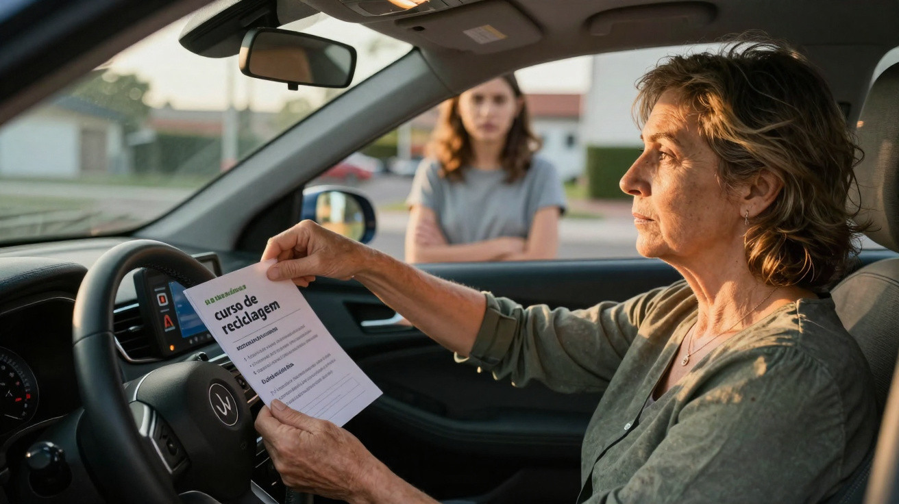 Woman sitting in a car holding a recycling course leaflet, with another woman standing outside the car.