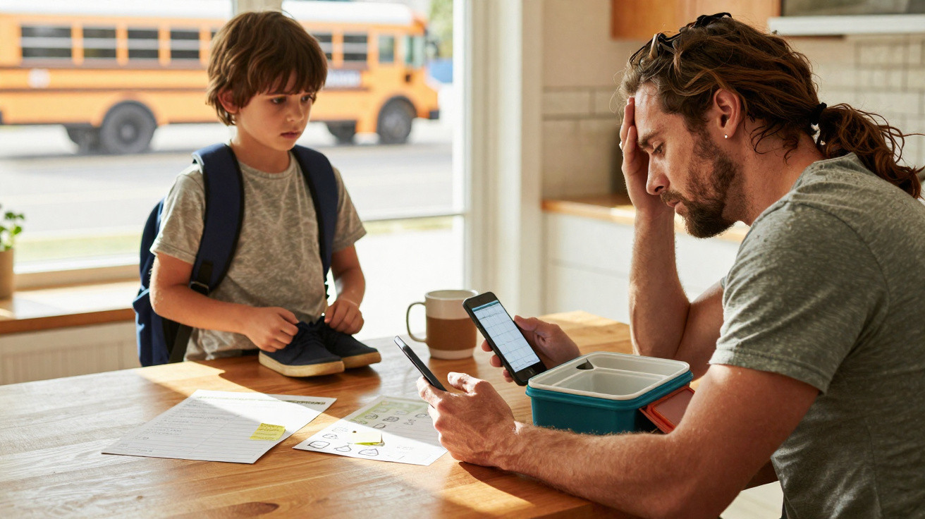 Tired father looking at his phone while young son with backpack holds shoes by a table near a school bus.