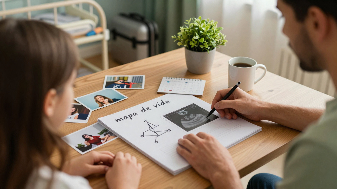Couple creating a life map with photos and ultrasound image on a wooden table.