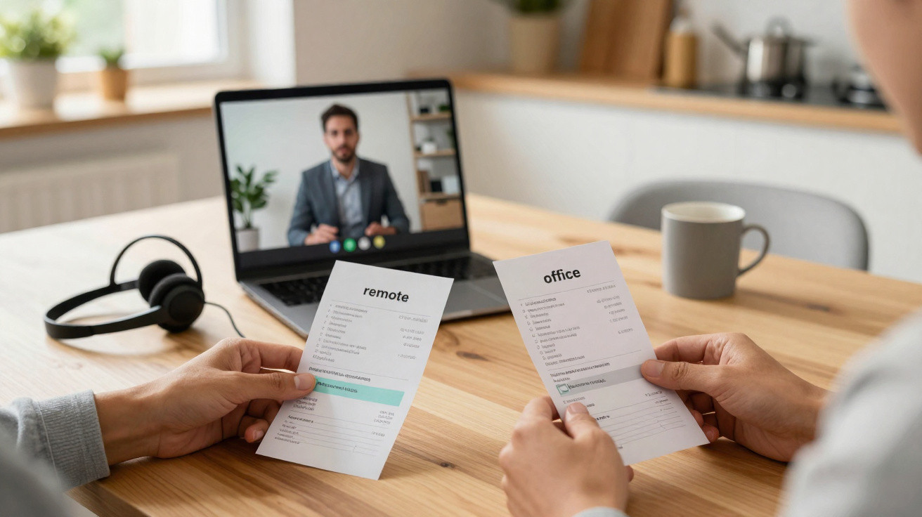 Two people holding remote and office work comparison sheets during a video call with a man on a laptop.