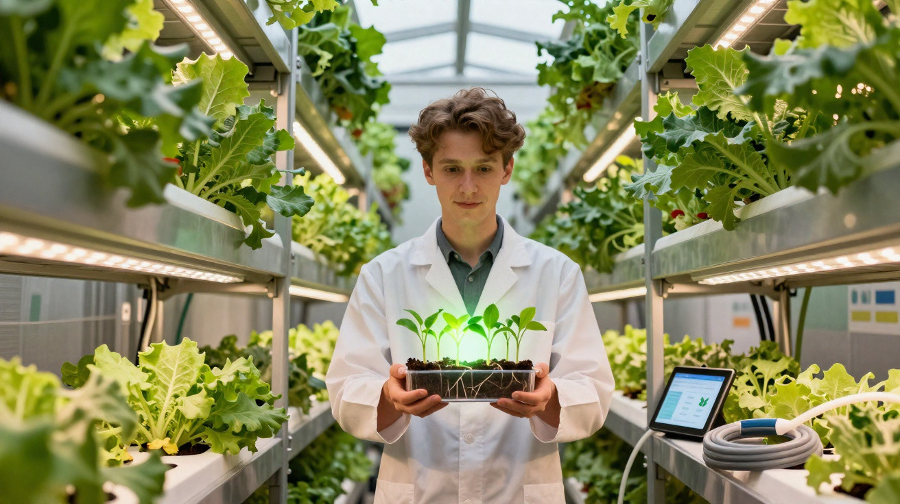 Scientist in white coat holding a container of seedlings in a hydroponic indoor vertical farm.