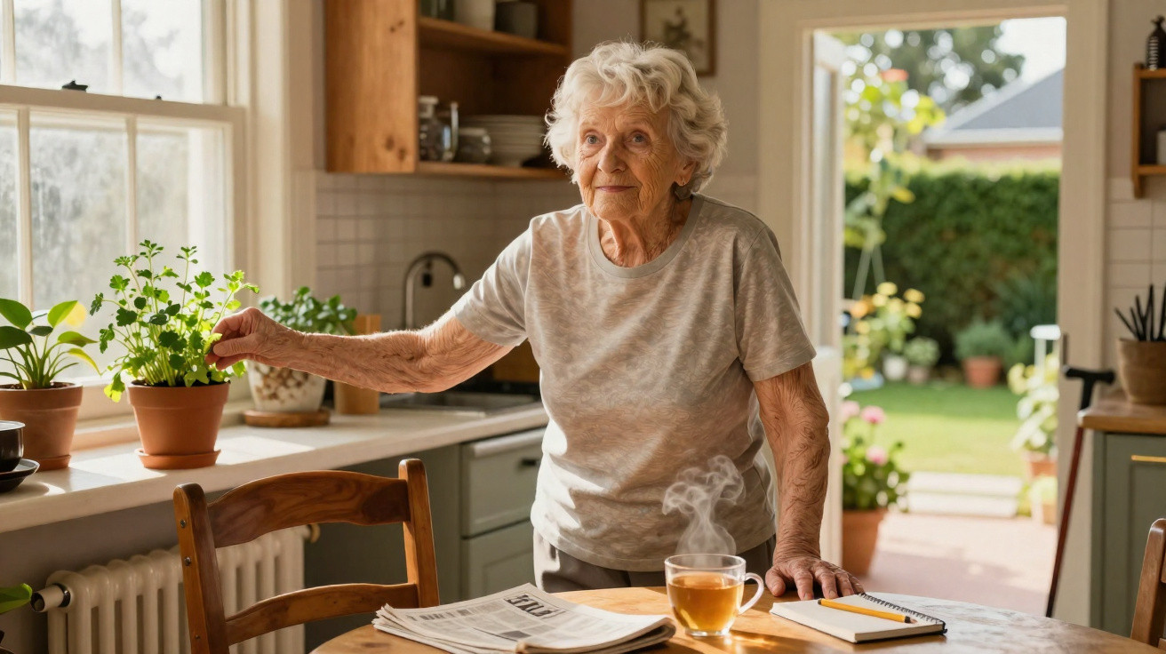 Elderly woman tending to a potted plant in a sunlit kitchen with a steaming cup of tea on the table.